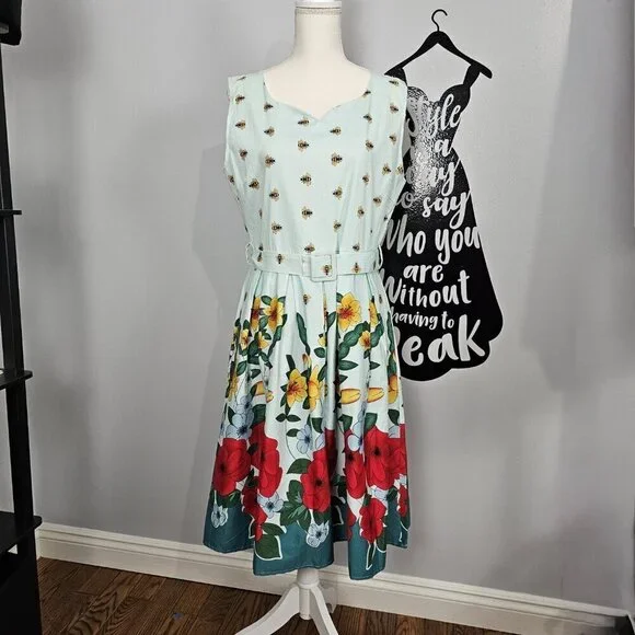 iHot Floral Bee 50's Style Sleeveless Belted A Line Pleated Swing Tea Dress NEW - Picture 1 of 8